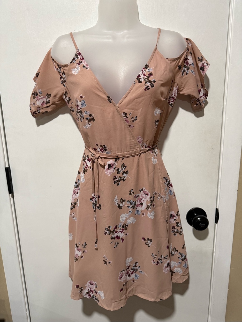 Lush Blush Floral Cold-Shoulder Wrap Mini Dress-#1557